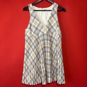 Sunday Best Plaid Mini Dress‎ Pleated Sleeveless V Neck Casual Summer Dress